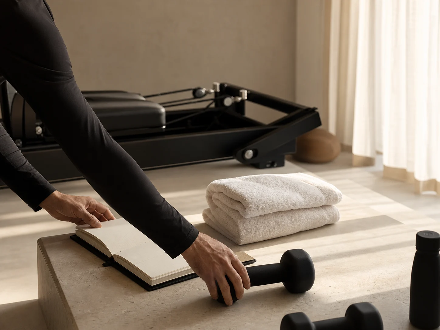 A private wellness space with training equipment and a coaching journal